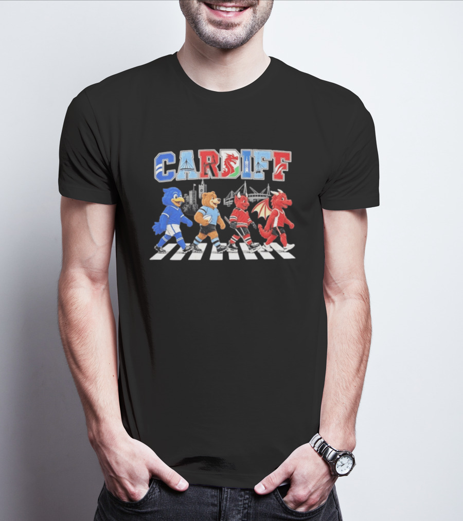 Cardiff Sports Abbey Road Parody With Cartoon Animals Crossing T-Shirt