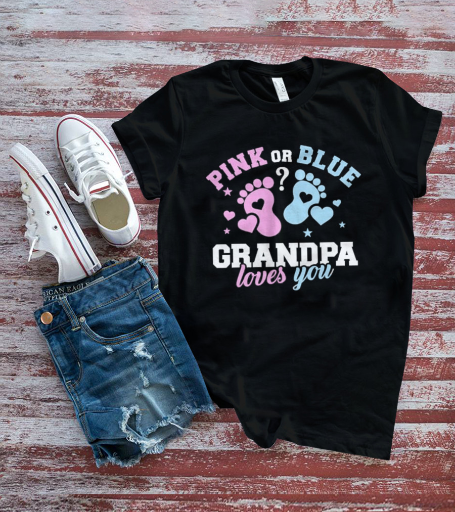 Pink Or Blue Grandpa Loves You Heart Footprints Gender Reveal T-Shirt