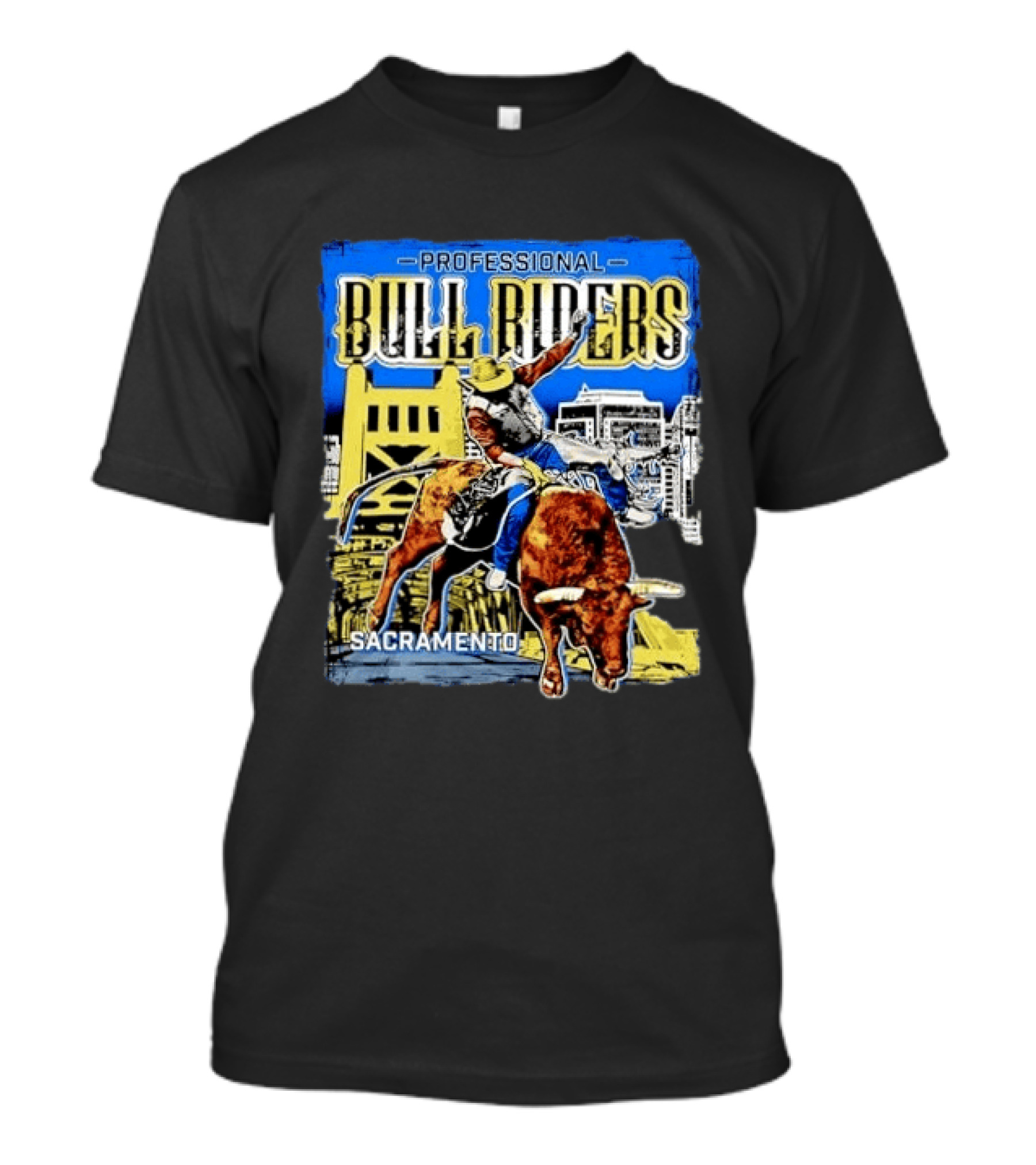 Professional Bull Riders Sacramento Cowboy Riding Bull Cityscape T-Shirt
