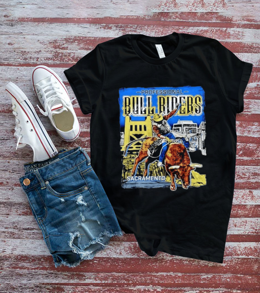 Professional Bull Riders Sacramento Cowboy Riding Bull Cityscape T-Shirt