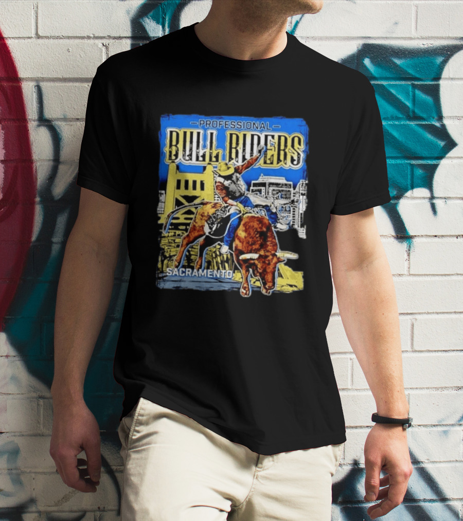 Professional Bull Riders Sacramento Cowboy Riding Bull Cityscape T-Shirt