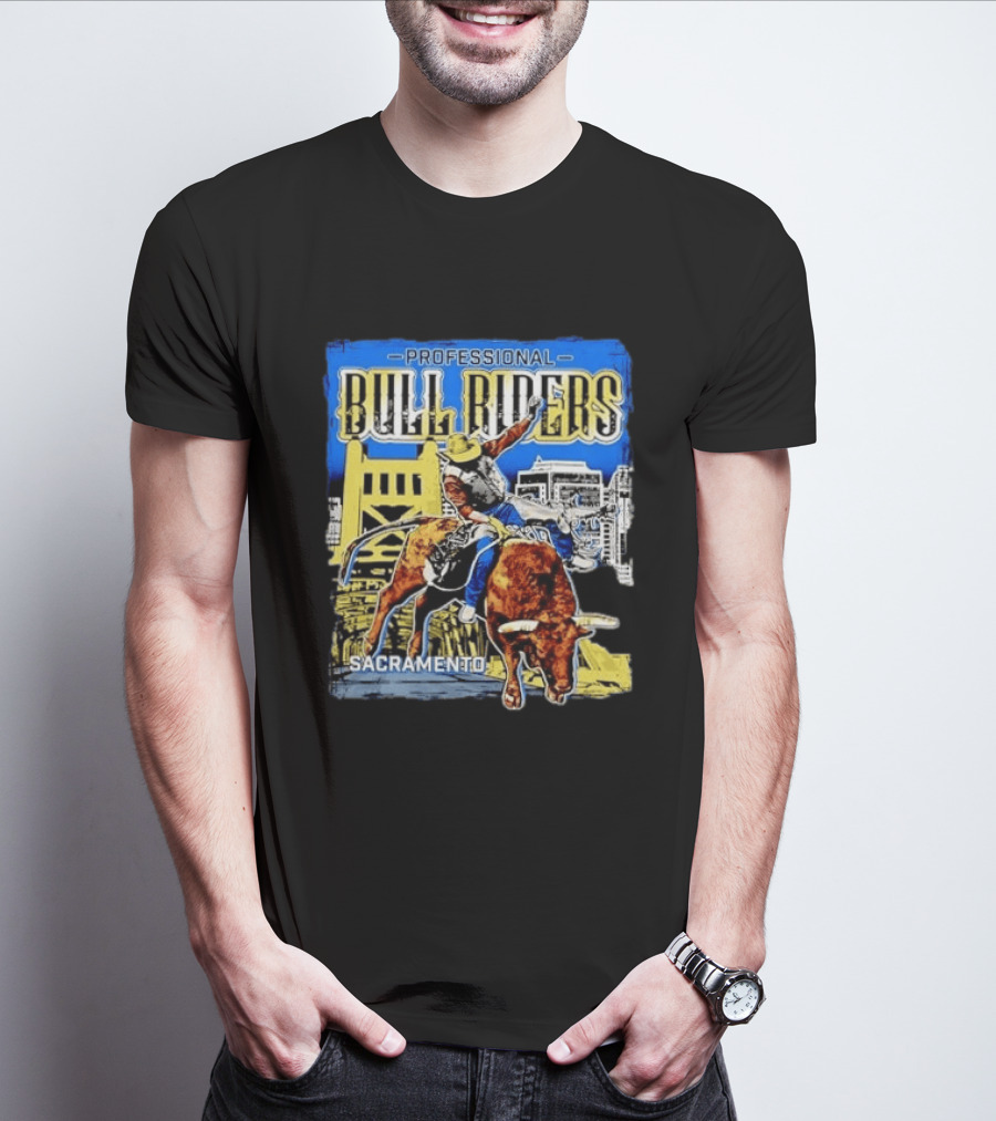 Professional Bull Riders Sacramento Cowboy Riding Bull Cityscape T-Shirt