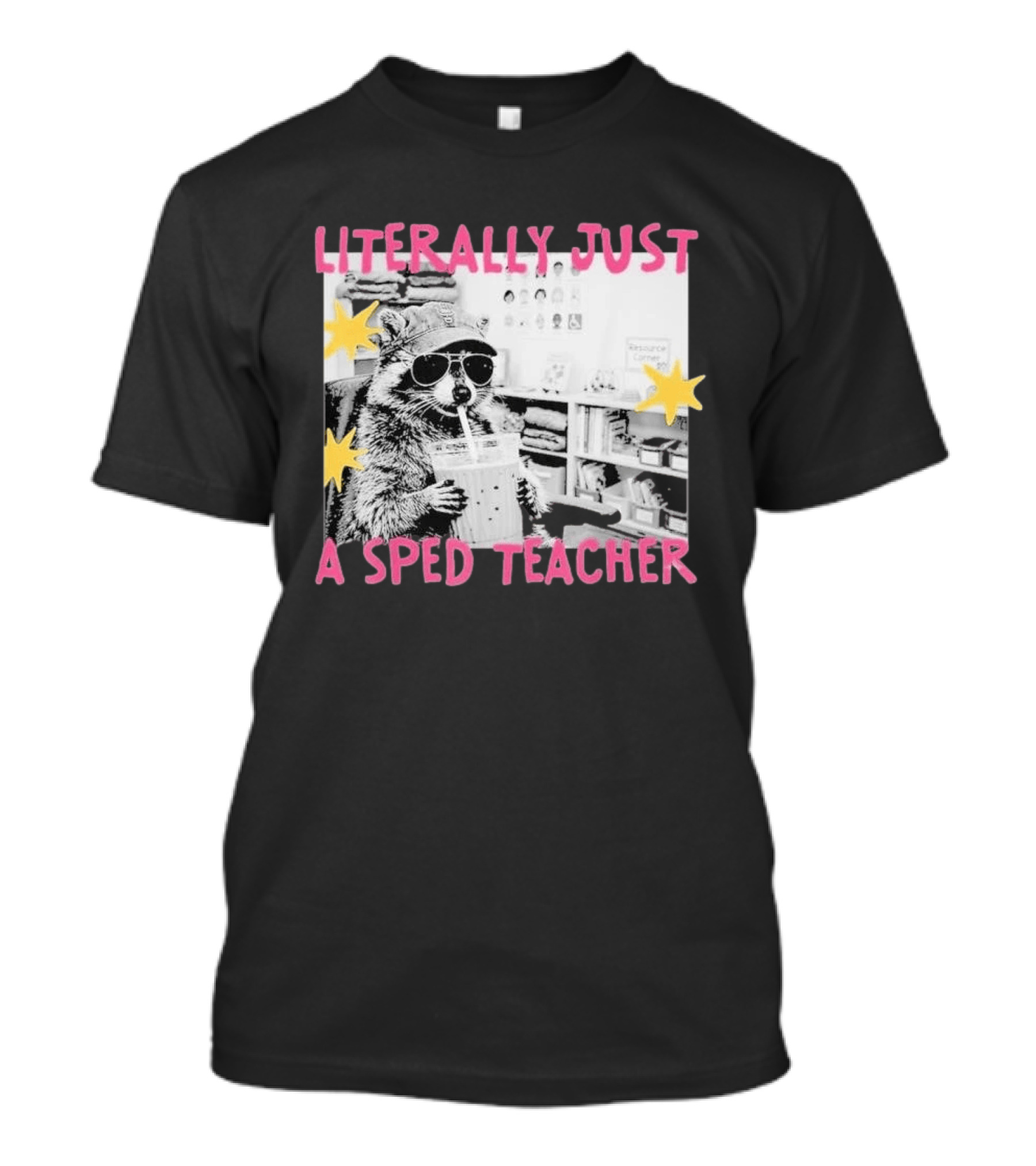 Literally Just A Sped Teacher Raccoon Drinking With Sunglasses And Stars T-Shirt