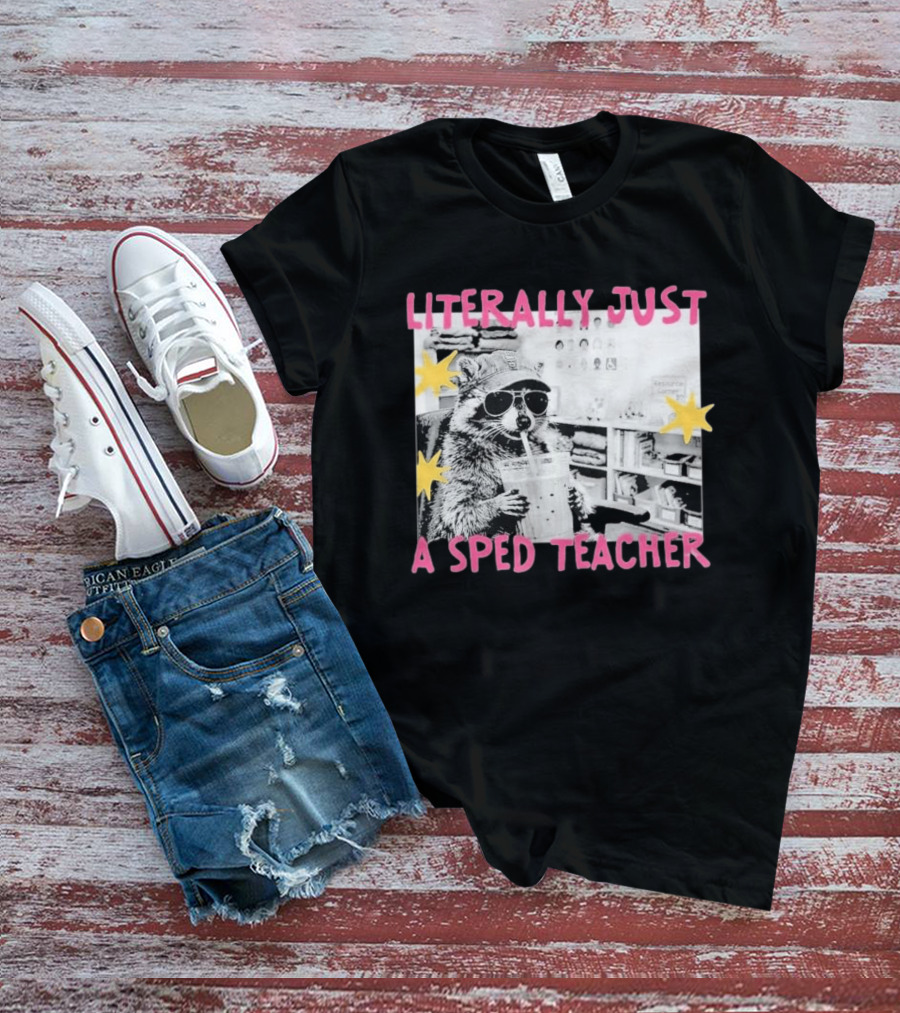 Literally Just A Sped Teacher Raccoon Drinking With Sunglasses And Stars T-Shirt