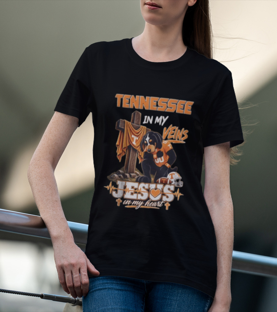Tennessee In My Veins Jesus In My Heart Dog Cross Football Helmet T-Shirt