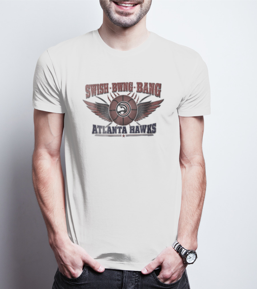 Atlanta Hawks Swish Bwng Bang Distressed Winged Basketball T-Shirt