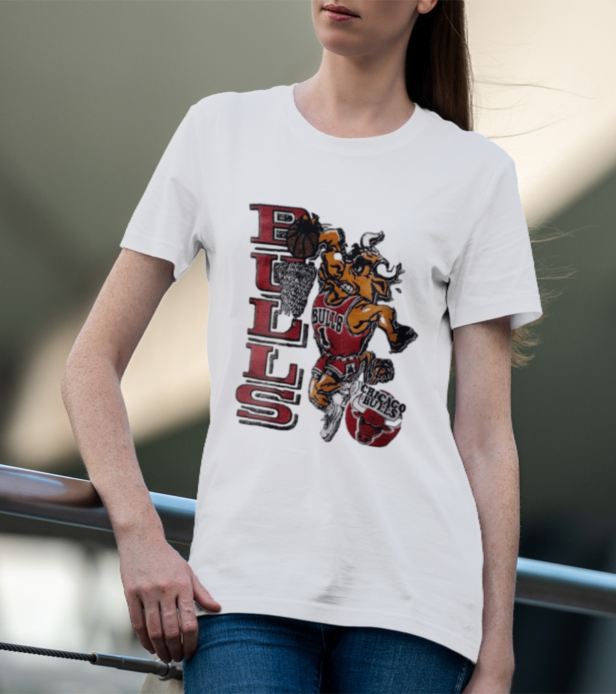 Chicago Bulls Bull Dunking Basketball Hoop NBA Cartoon Caricature T-Shirt