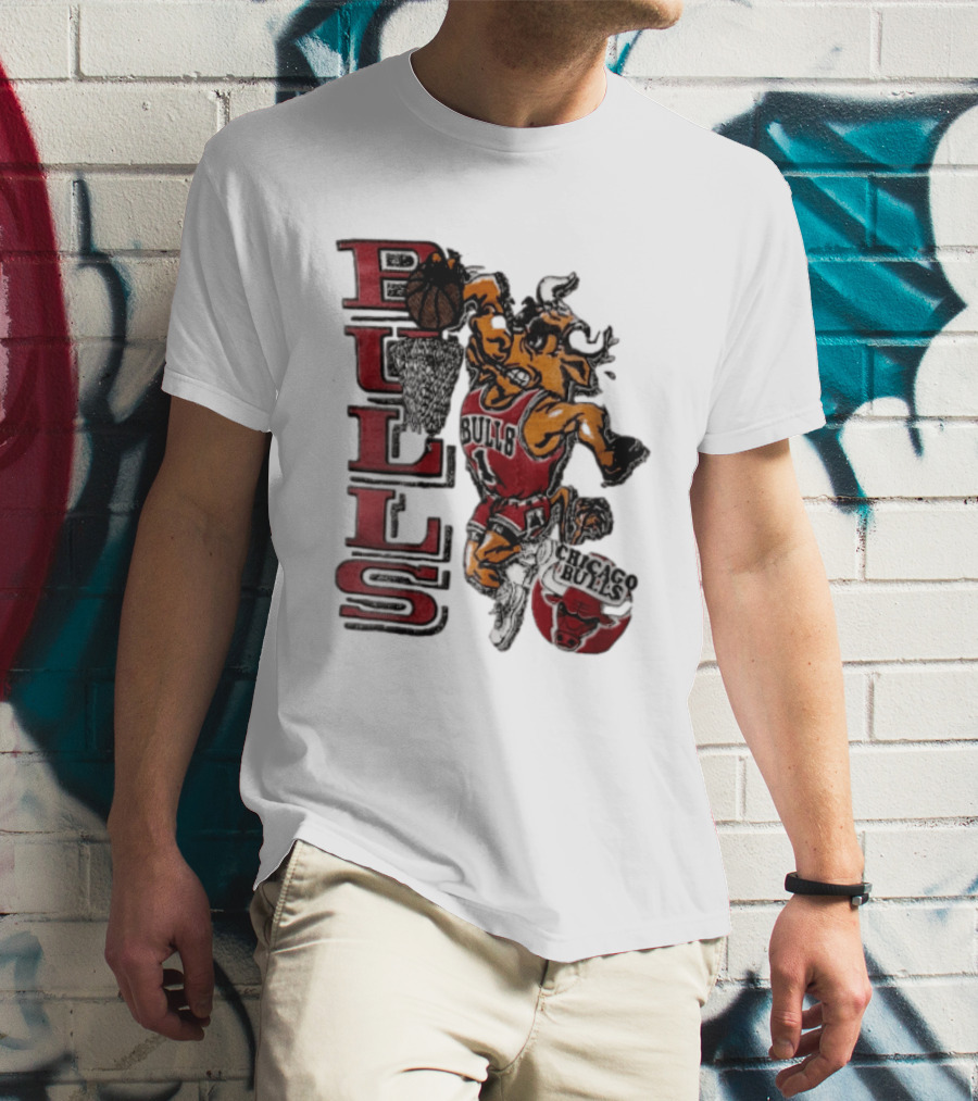 Chicago Bulls Bull Dunking Basketball Hoop NBA Cartoon Caricature T-Shirt