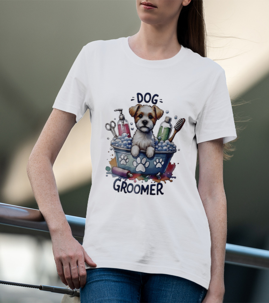 Dog Groomer Puppy Bath Tub Soap Scissors Brush Watercolor T-Shirt