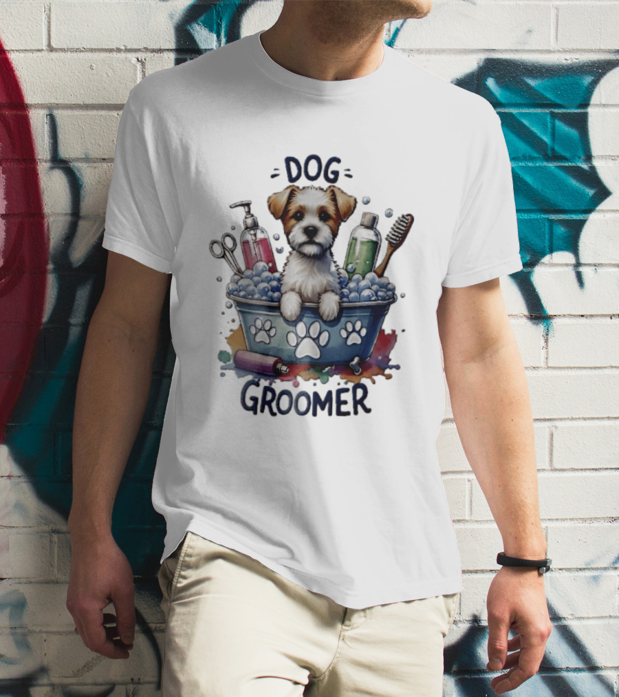 Dog Groomer Puppy Bath Tub Soap Scissors Brush Watercolor T-Shirt