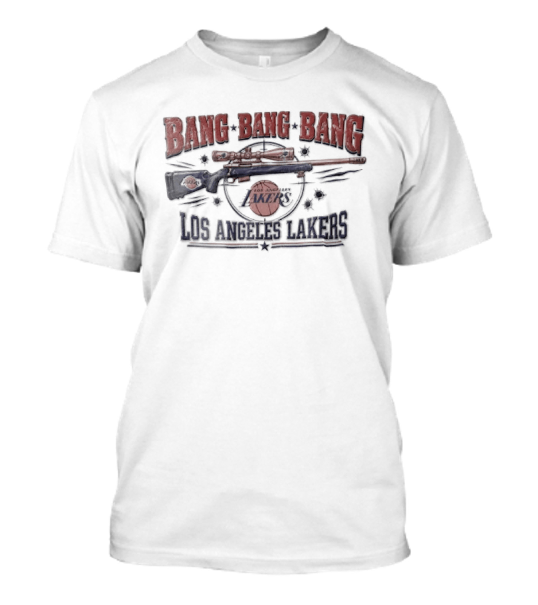 Los Angeles Lakers Bang Sniper Rifle Scope Bullet Holes NBA Basketball T-Shirt