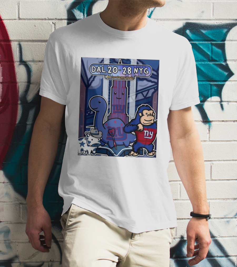 CornDoggy Sports DAL 20 28 NYG Dallas Cowboys New York Giants Cartoon Characters T-Shirt