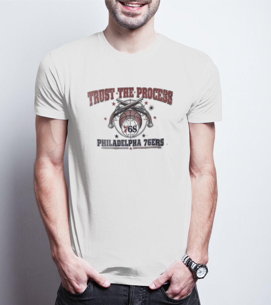 Philadelphia 76ers Trust The Process Crossed Pistols Basketball Distressed T-Shirt