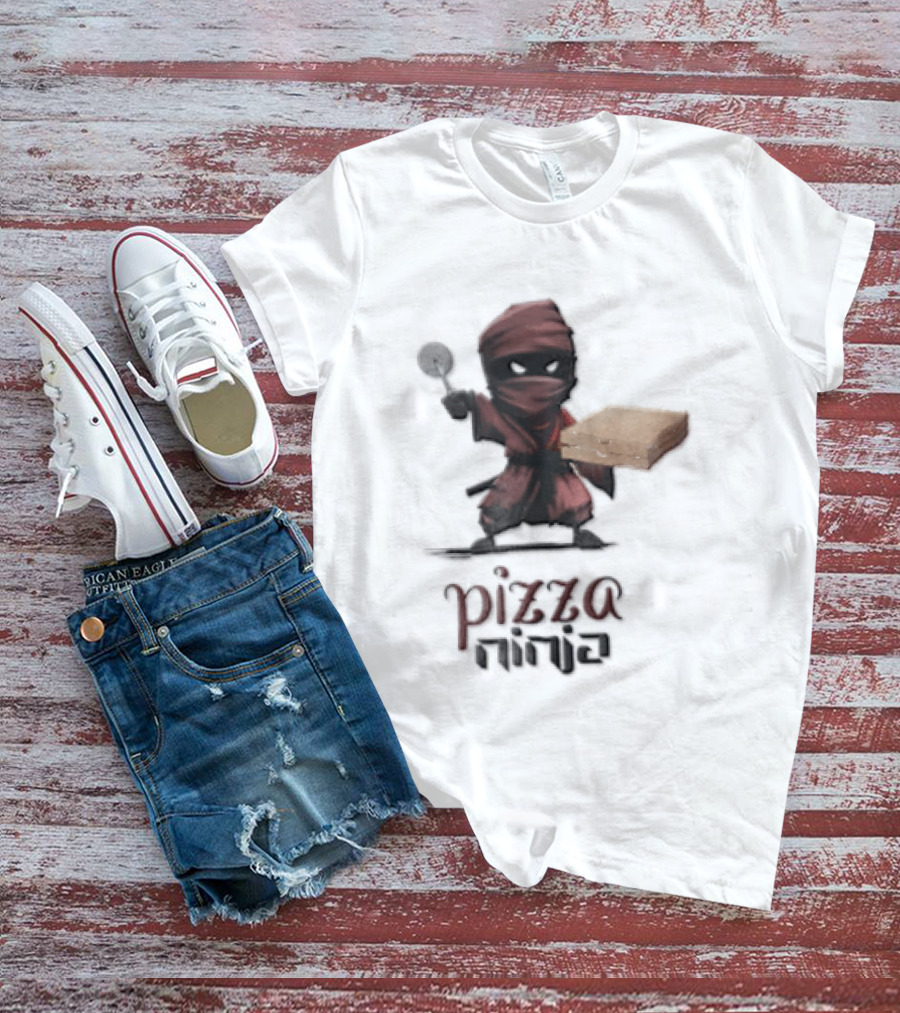 Pizza Ninja Red Masked Cartoon Figure Holding Cardboard Box T-Shirt