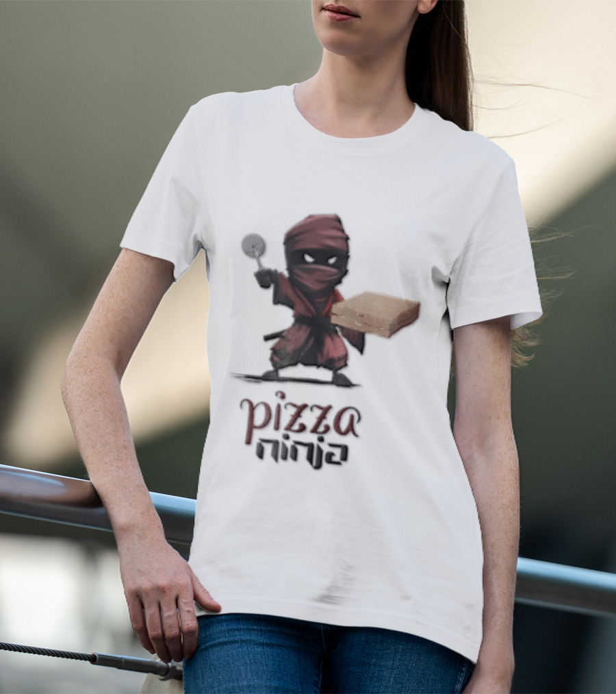 Pizza Ninja Red Masked Cartoon Figure Holding Cardboard Box T-Shirt