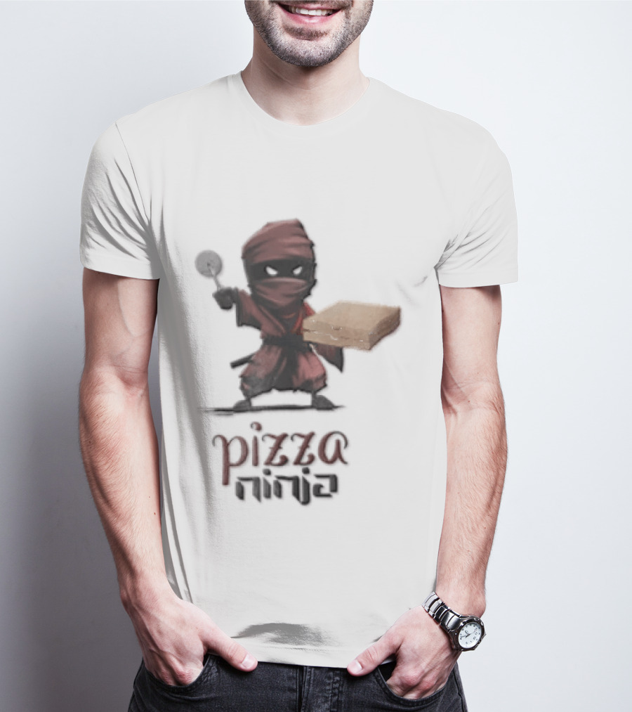 Pizza Ninja Red Masked Cartoon Figure Holding Cardboard Box T-Shirt