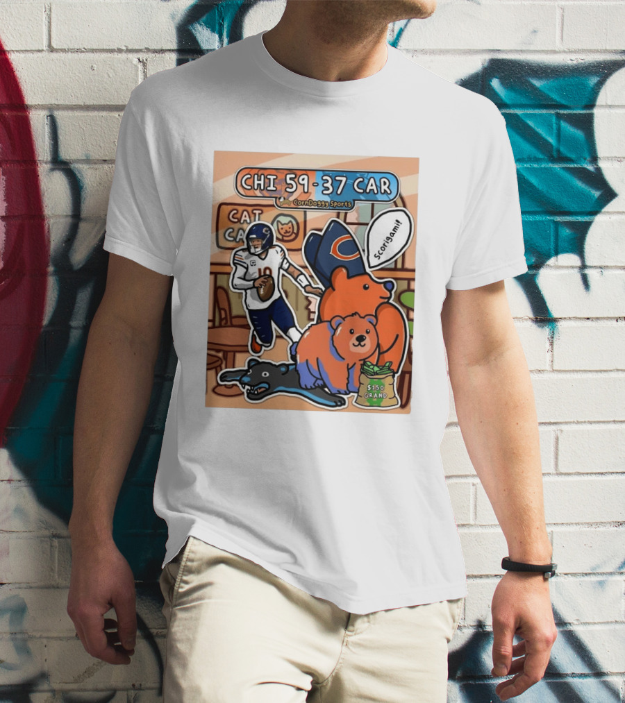 CHI 59 37 CAR CornDoggy Sports Chicago Bears Vs Carolina Panthers Scorigami Cat Café $150 Grand T-Shirt