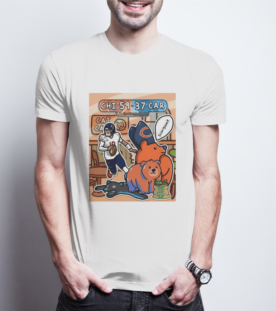 CHI 59 37 CAR CornDoggy Sports Chicago Bears Vs Carolina Panthers Scorigami Cat Café $150 Grand T-Shirt