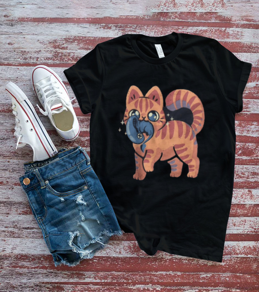 Alien Cat Meets Cartoon Striped Cosmic Creature T-Shirt