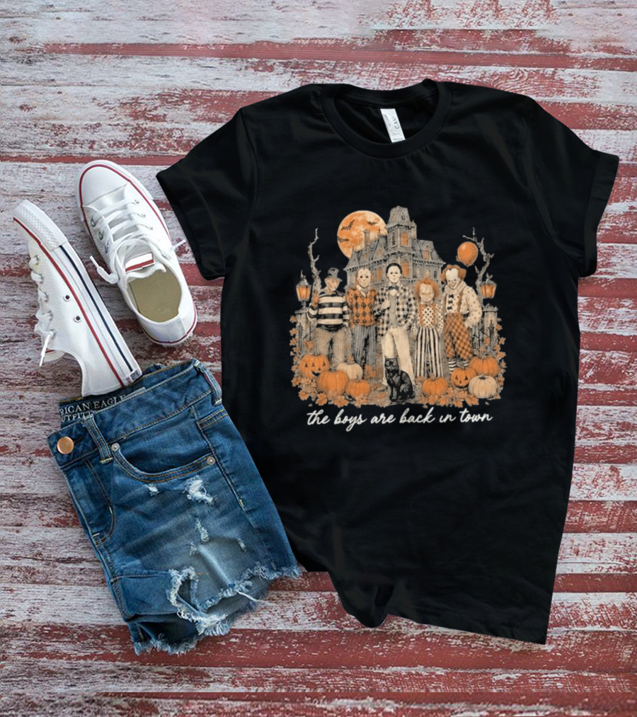 Halloween Horror Characters The Boys Are Back In Town Haunted House Pumpkin Patch T-Shirt