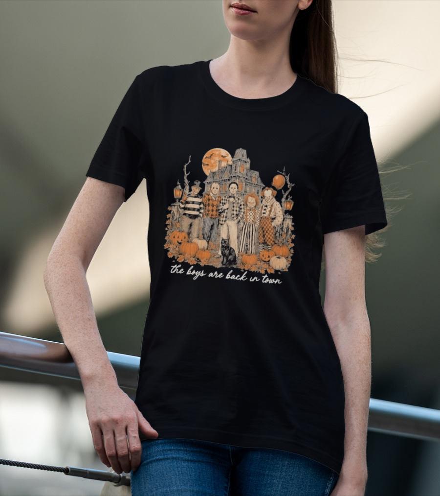 Halloween Horror Characters The Boys Are Back In Town Haunted House Pumpkin Patch T-Shirt