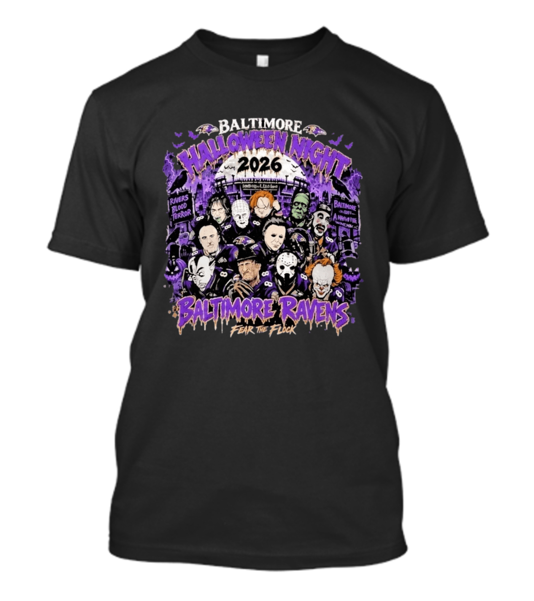 Baltimore Ravens 2026 Halloween Night Horror Characters Fear The Flock T-Shirt