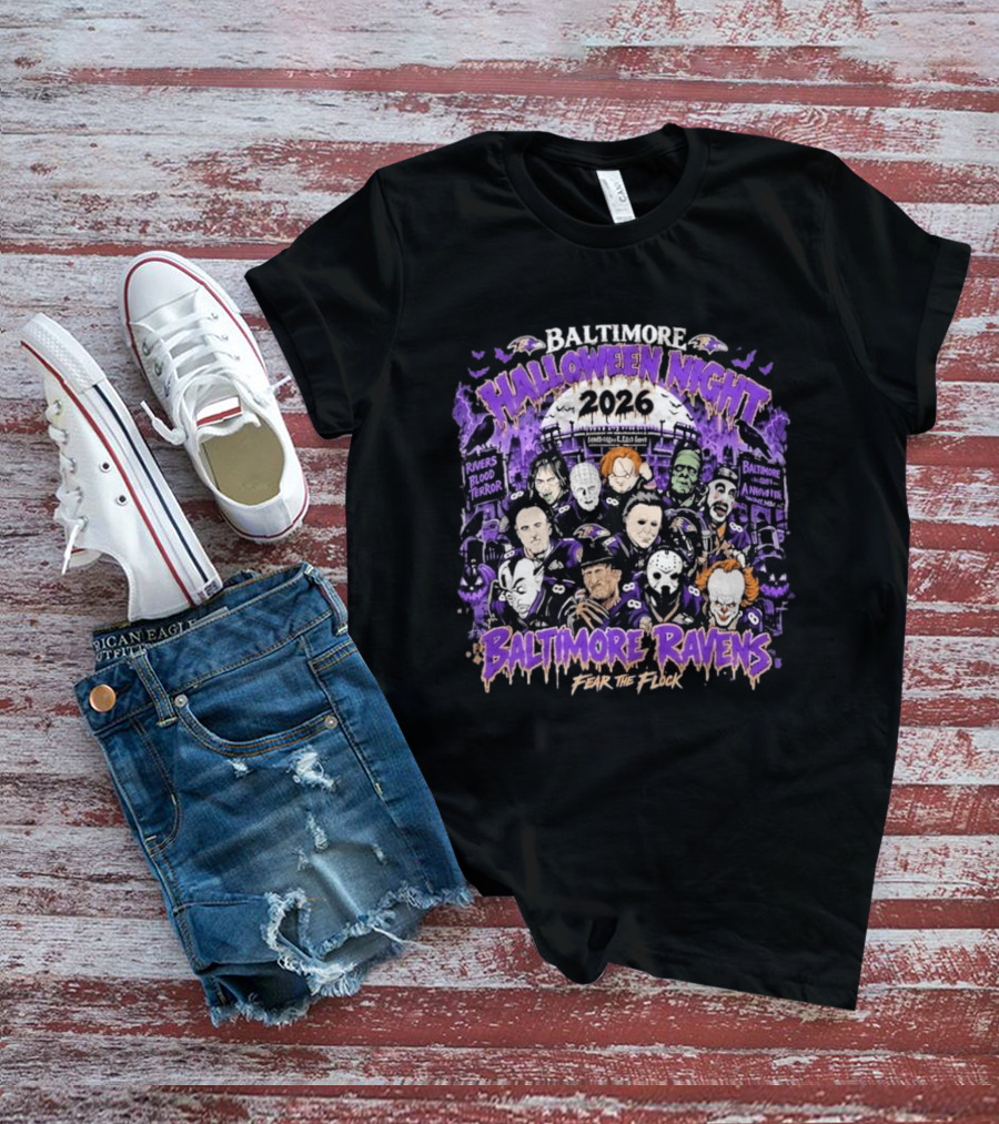 Baltimore Ravens 2026 Halloween Night Horror Characters Fear The Flock T-Shirt