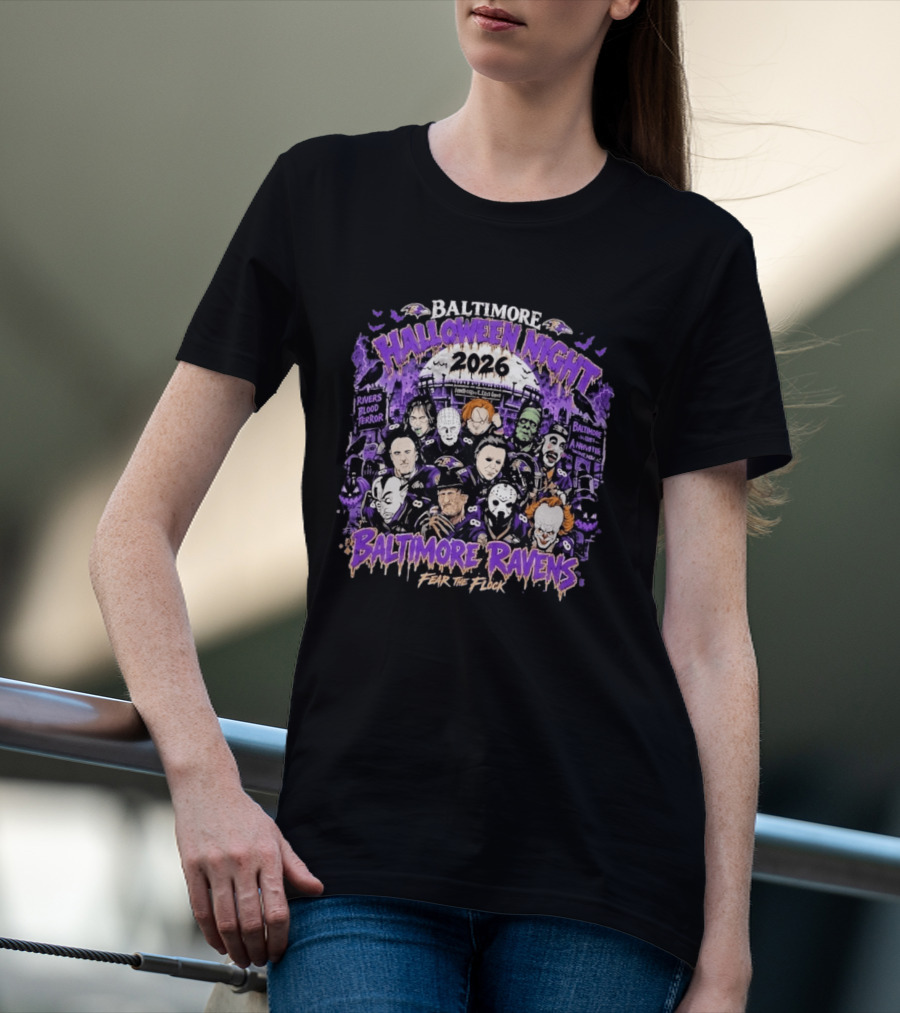 Baltimore Ravens 2026 Halloween Night Horror Characters Fear The Flock T-Shirt