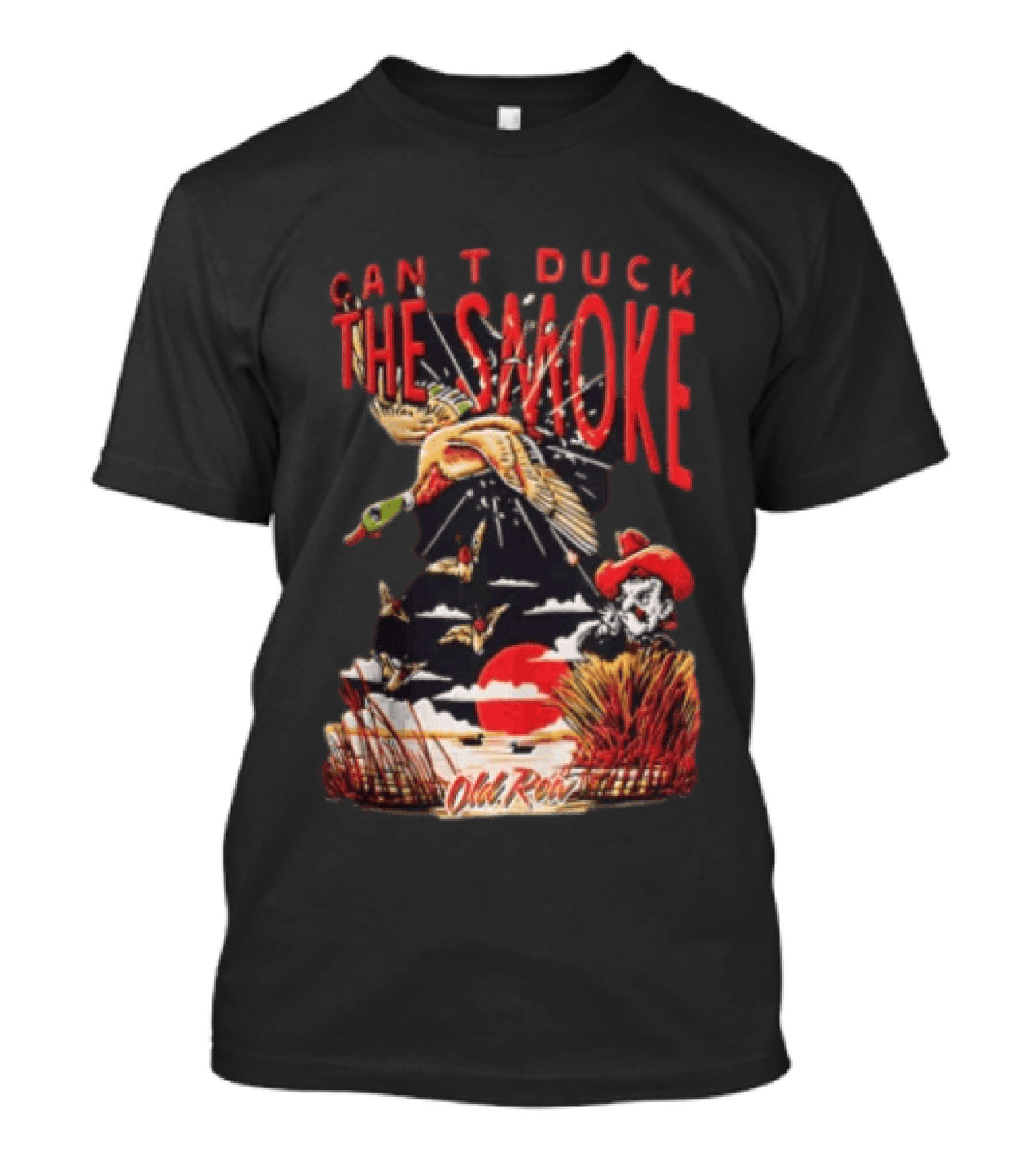 Can't Duck The Smoke Old Row Duck Hunting Scenic Sunset And Cowboy T-Shirt
