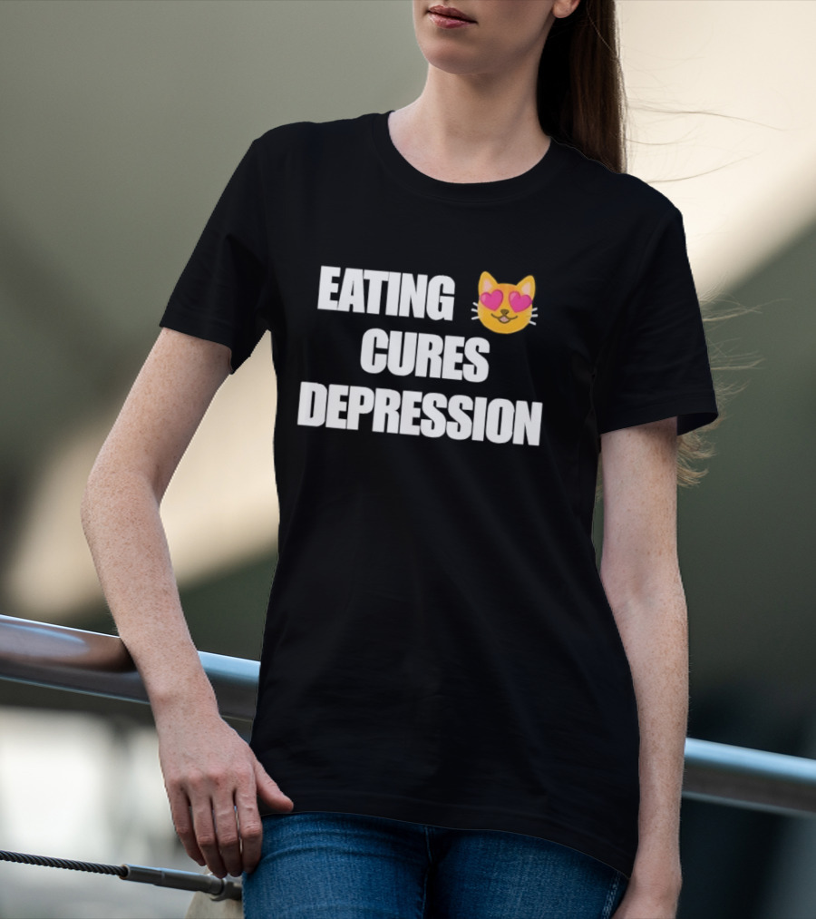 Eating Cures Depression Cat Meme Mental Health Humor T-Shirt