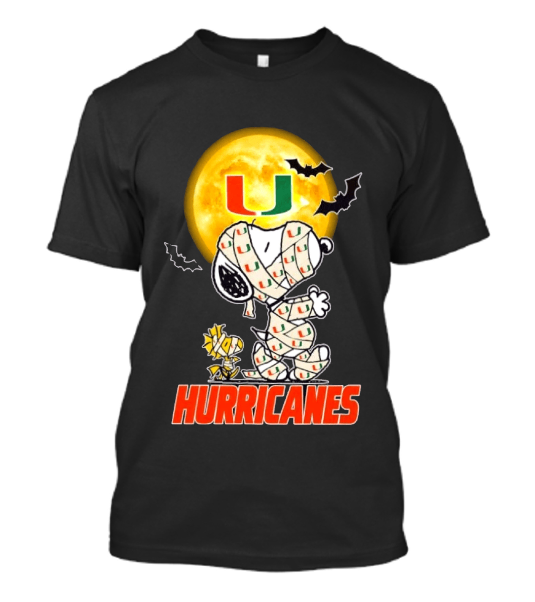 Miami Hurricanes Snoopy Woodstock Mummy Halloween Moon Bats T-Shirt