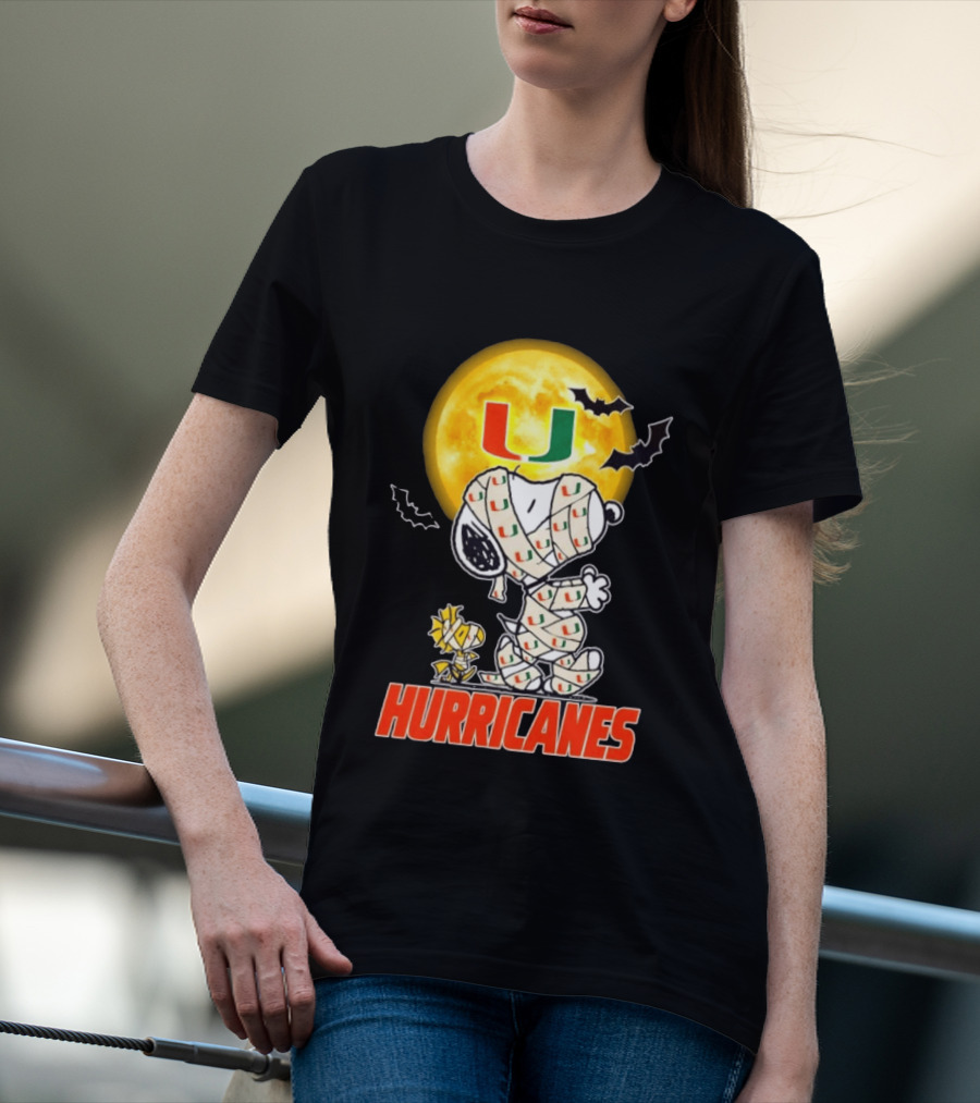 Miami Hurricanes Snoopy Woodstock Mummy Halloween Moon Bats T-Shirt