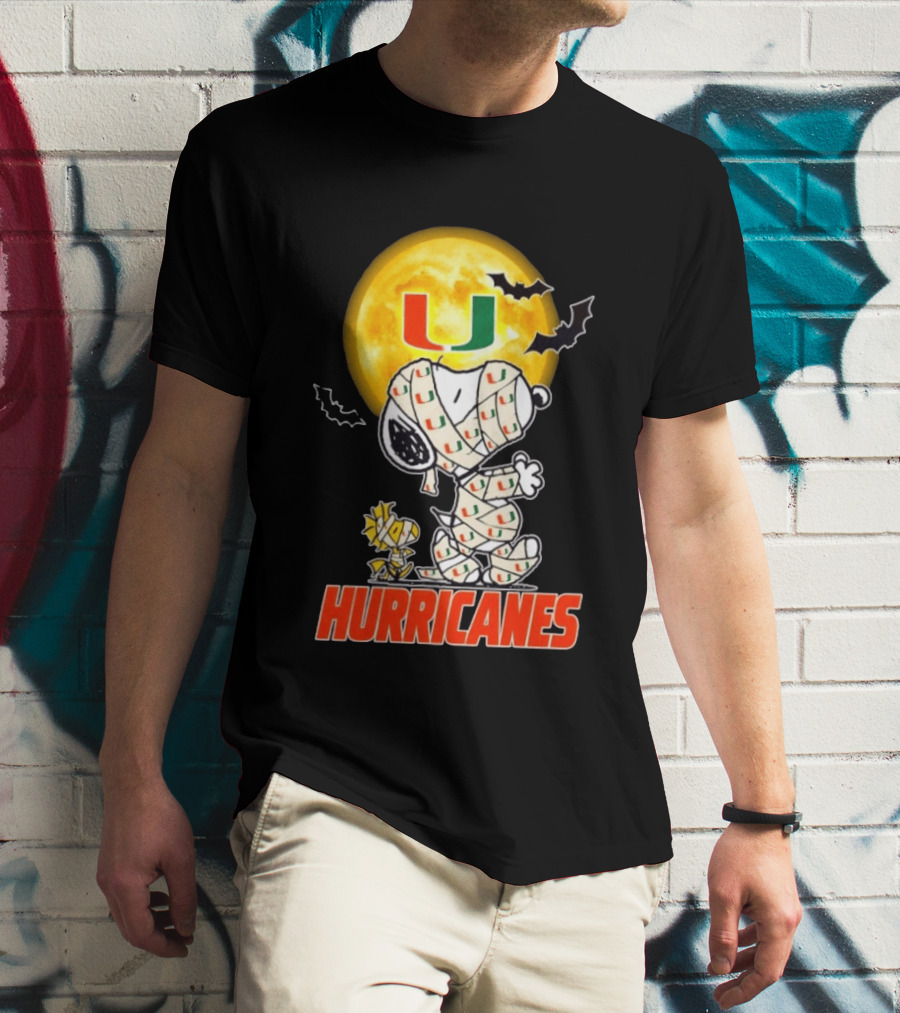 Miami Hurricanes Snoopy Woodstock Mummy Halloween Moon Bats T-Shirt