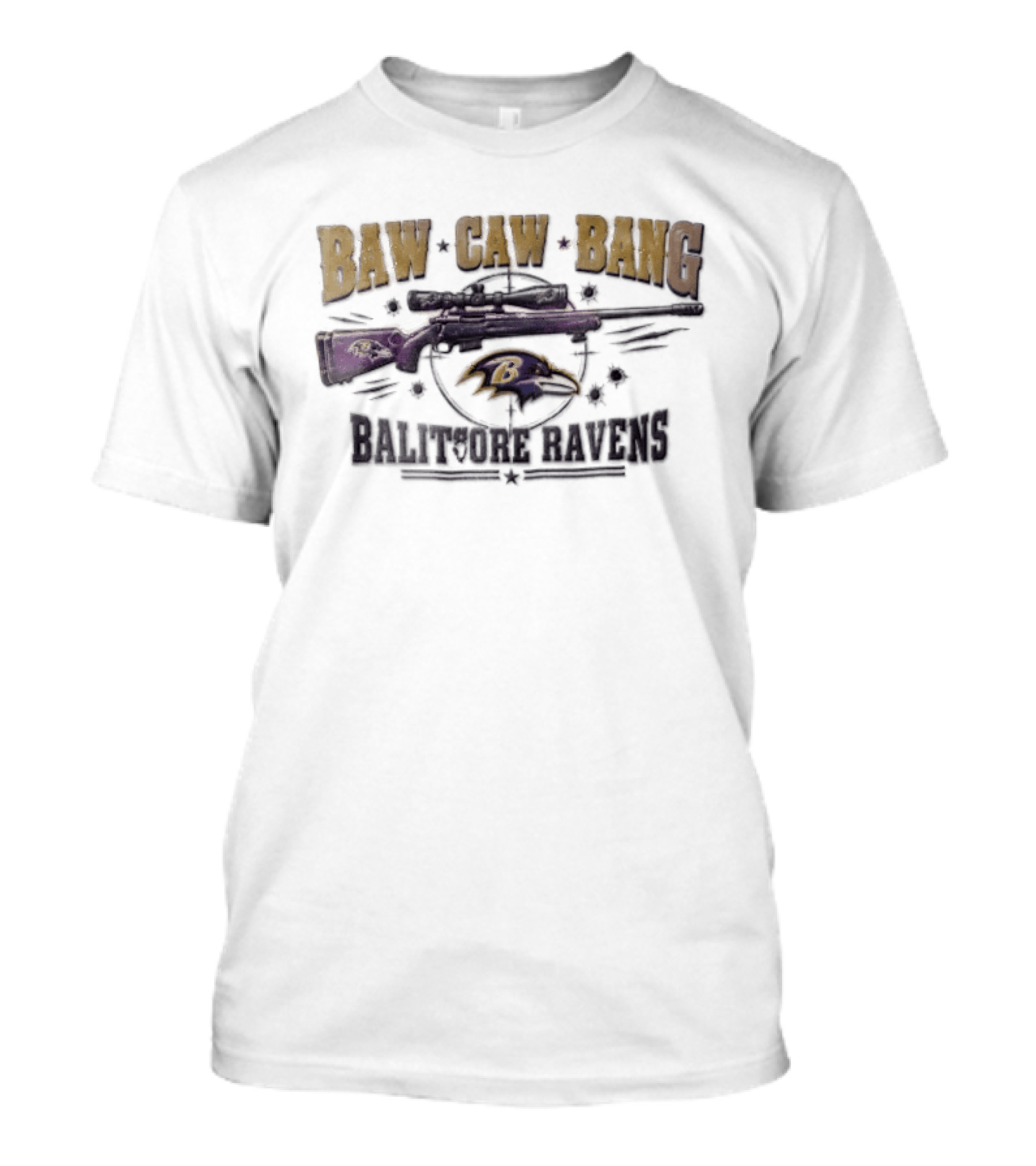 Baltimore Ravens Baw Caw Bang Sniper Rifle Bullet Holes Distressed T-Shirt