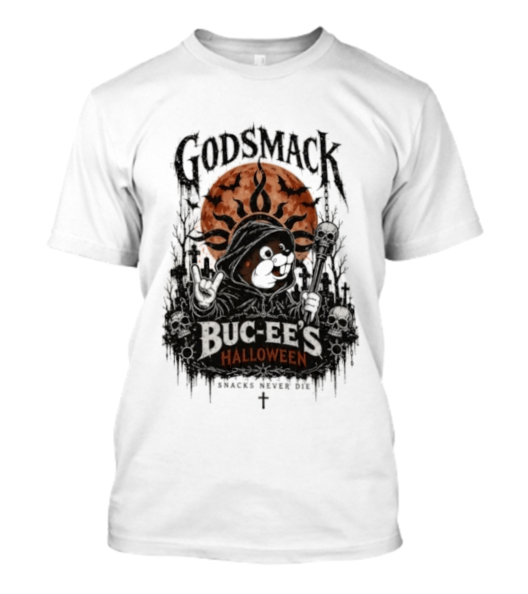 Godsmack Buc Ee's Halloween Snacks Never Die Skulls And Sun T-Shirt