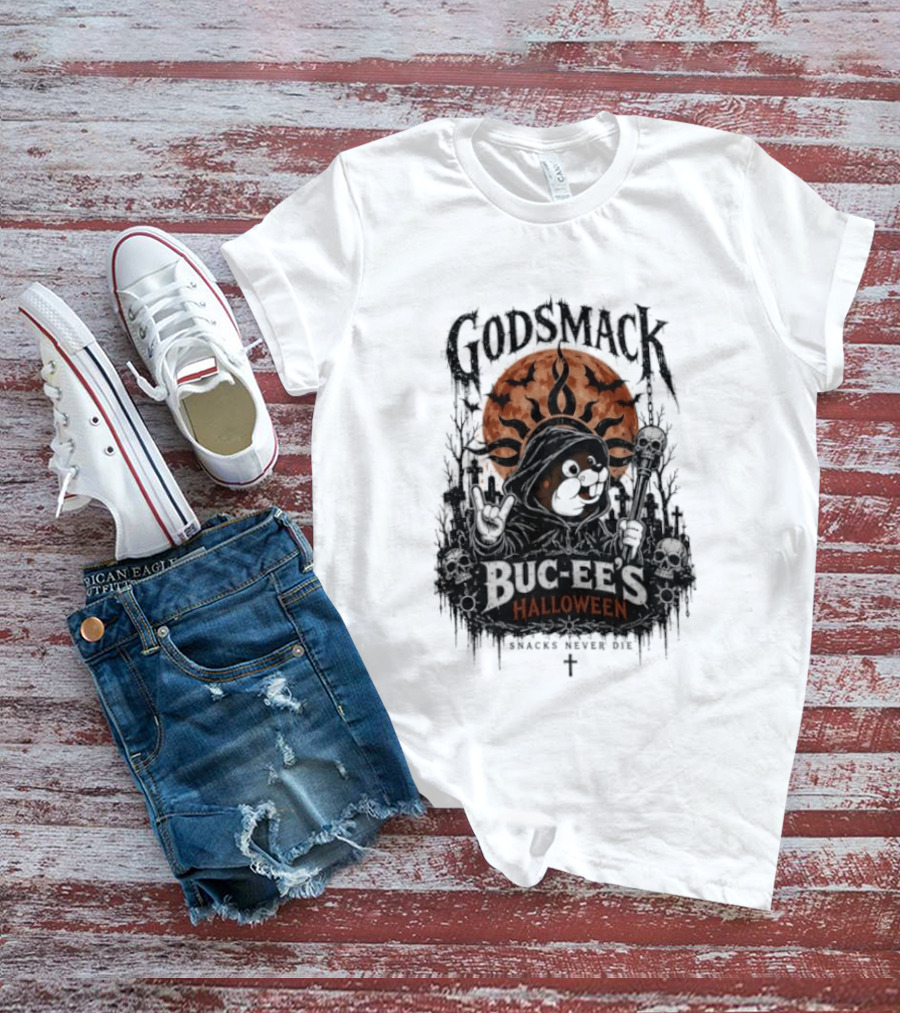Godsmack Buc Ee's Halloween Snacks Never Die Skulls And Sun T-Shirt