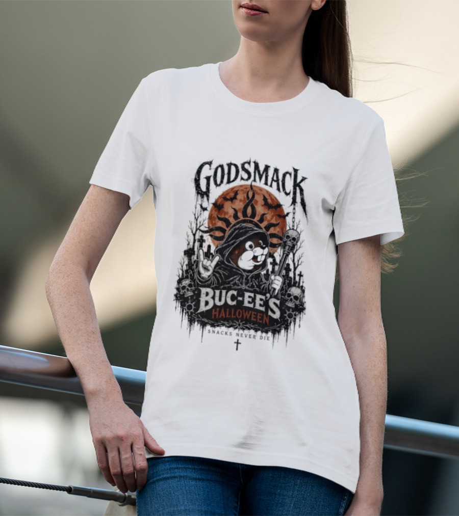Godsmack Buc Ee's Halloween Snacks Never Die Skulls And Sun T-Shirt