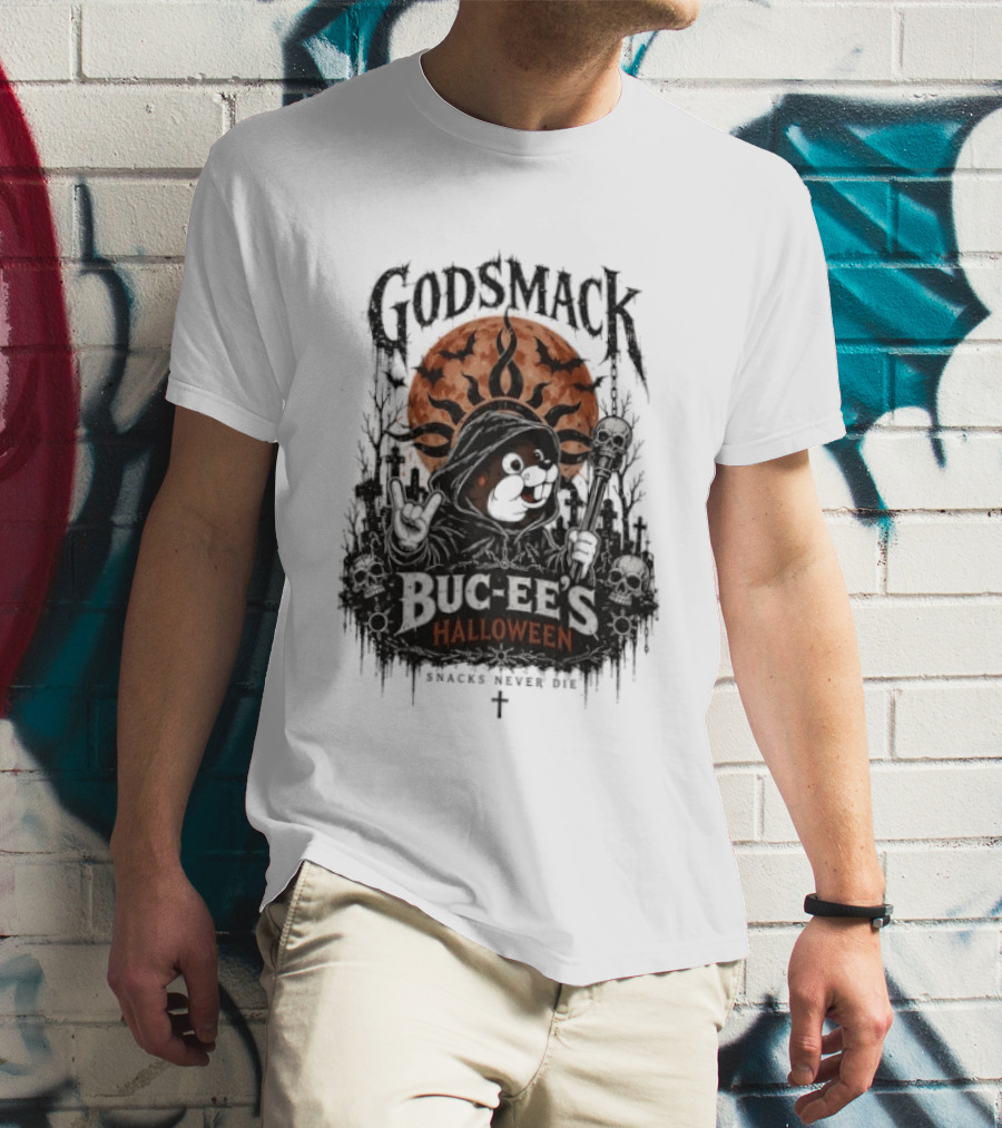 Godsmack Buc Ee's Halloween Snacks Never Die Skulls And Sun T-Shirt