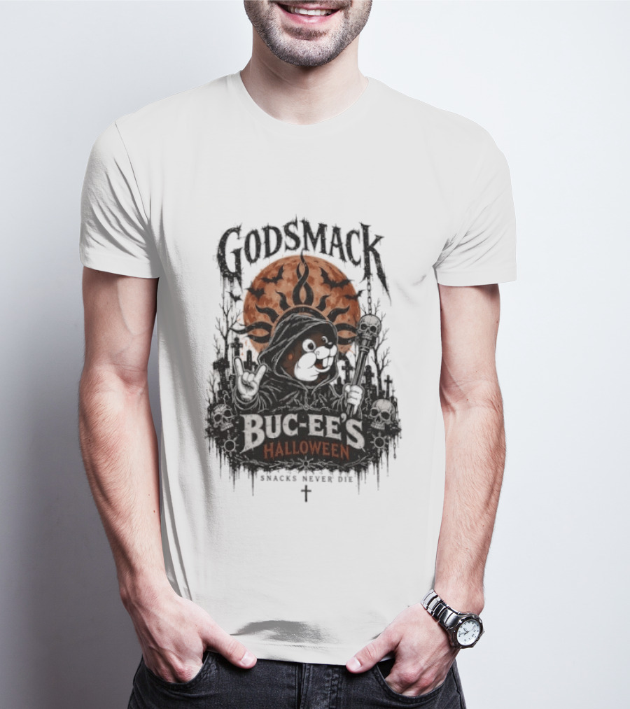Godsmack Buc Ee's Halloween Snacks Never Die Skulls And Sun T-Shirt
