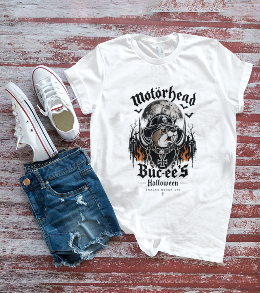 Motorhead Buc Ee's Halloween Snacks Never Die Ghostly Flames Moon Bats T-Shirt