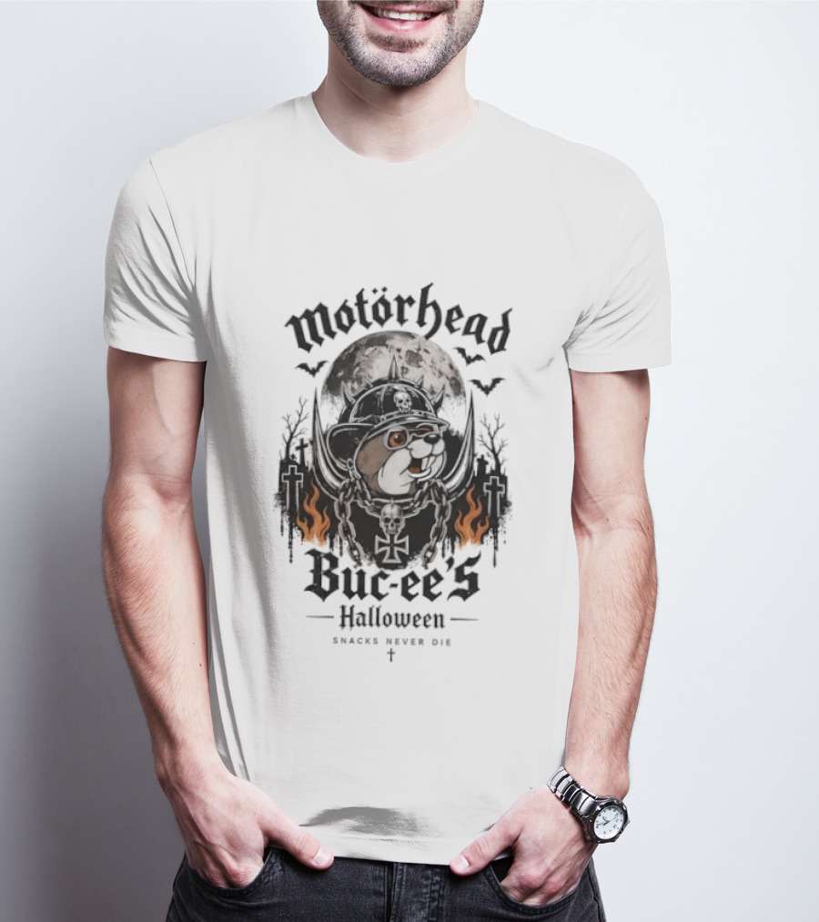Motorhead Buc Ee's Halloween Snacks Never Die Ghostly Flames Moon Bats T-Shirt