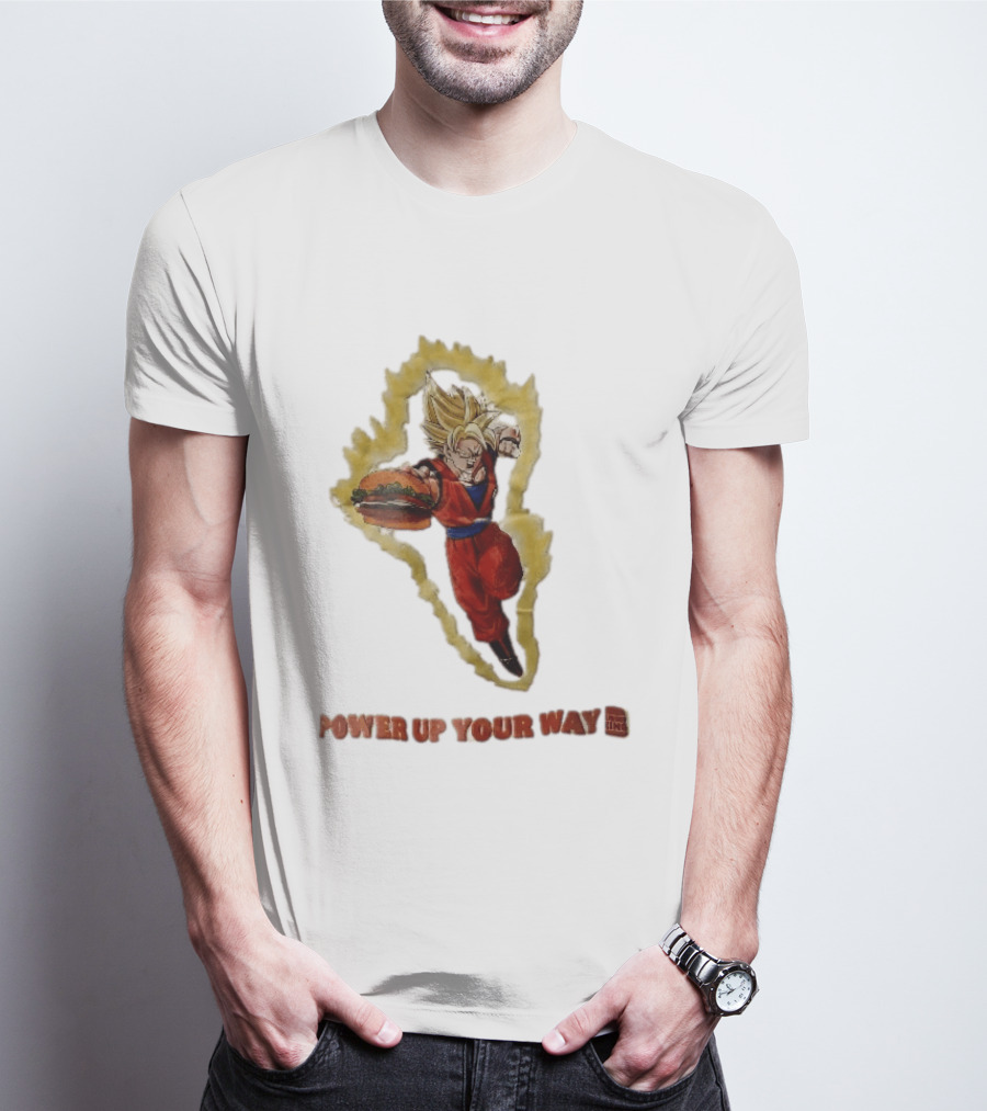Burger King Power Up Your Way Super Saiyan Goku Holding Cheeseburger Aura T-Shirt