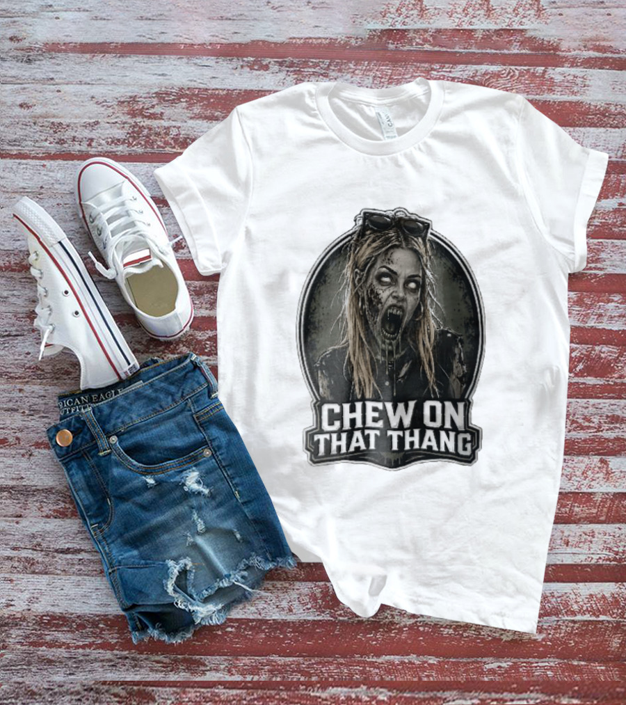 Chew On That Thang Zombie Blonde Woman Open Mouth Green Slime Sunglasses T-Shirt