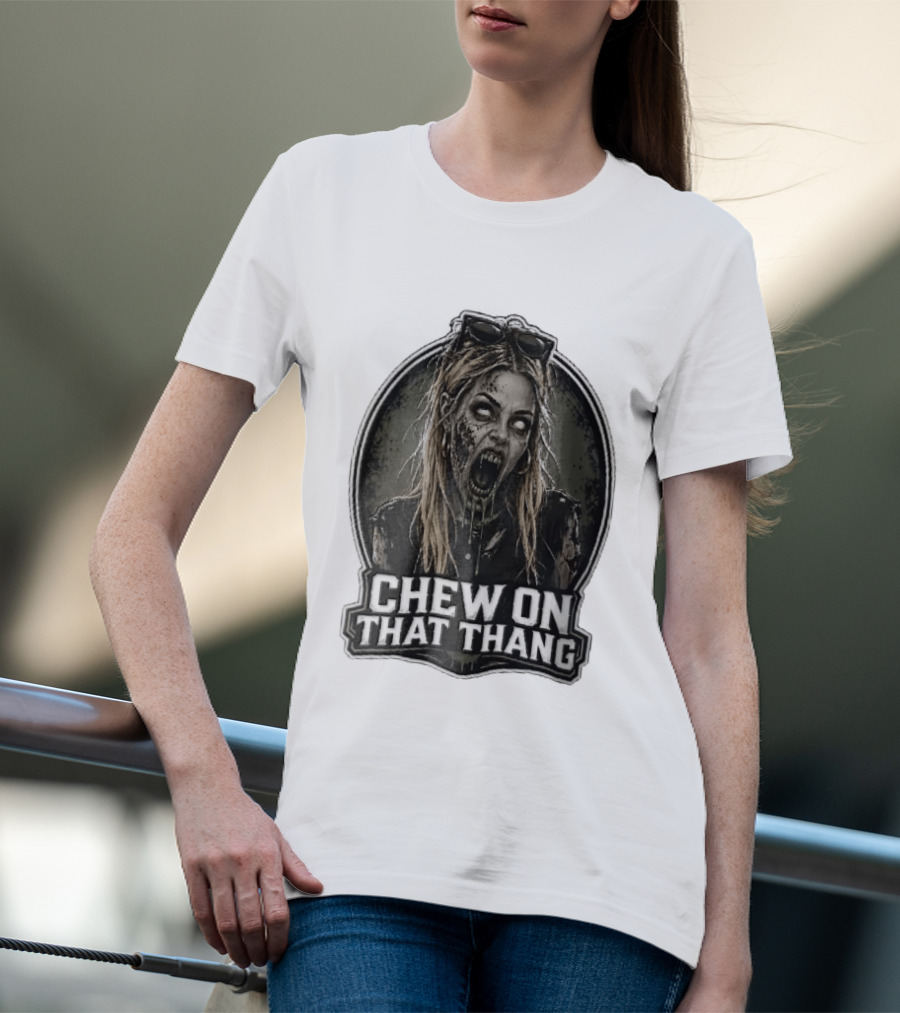 Chew On That Thang Zombie Blonde Woman Open Mouth Green Slime Sunglasses T-Shirt