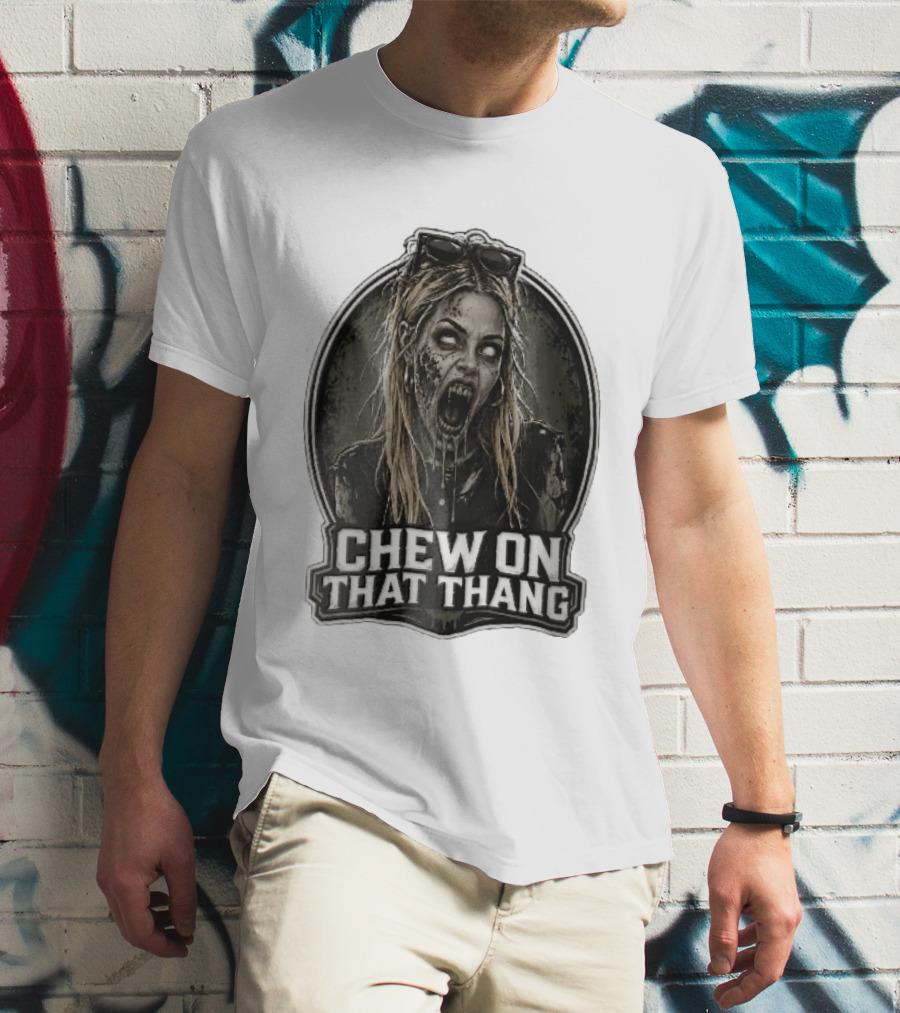 Chew On That Thang Zombie Blonde Woman Open Mouth Green Slime Sunglasses T-Shirt