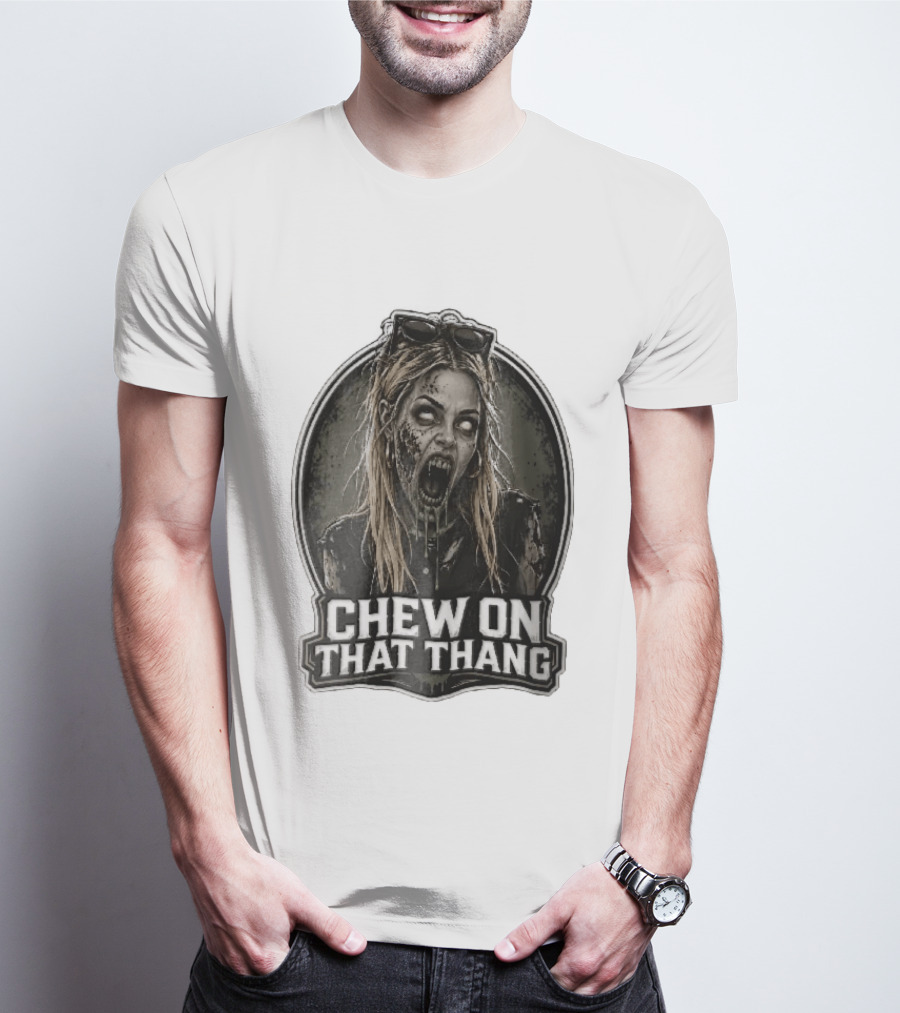 Chew On That Thang Zombie Blonde Woman Open Mouth Green Slime Sunglasses T-Shirt