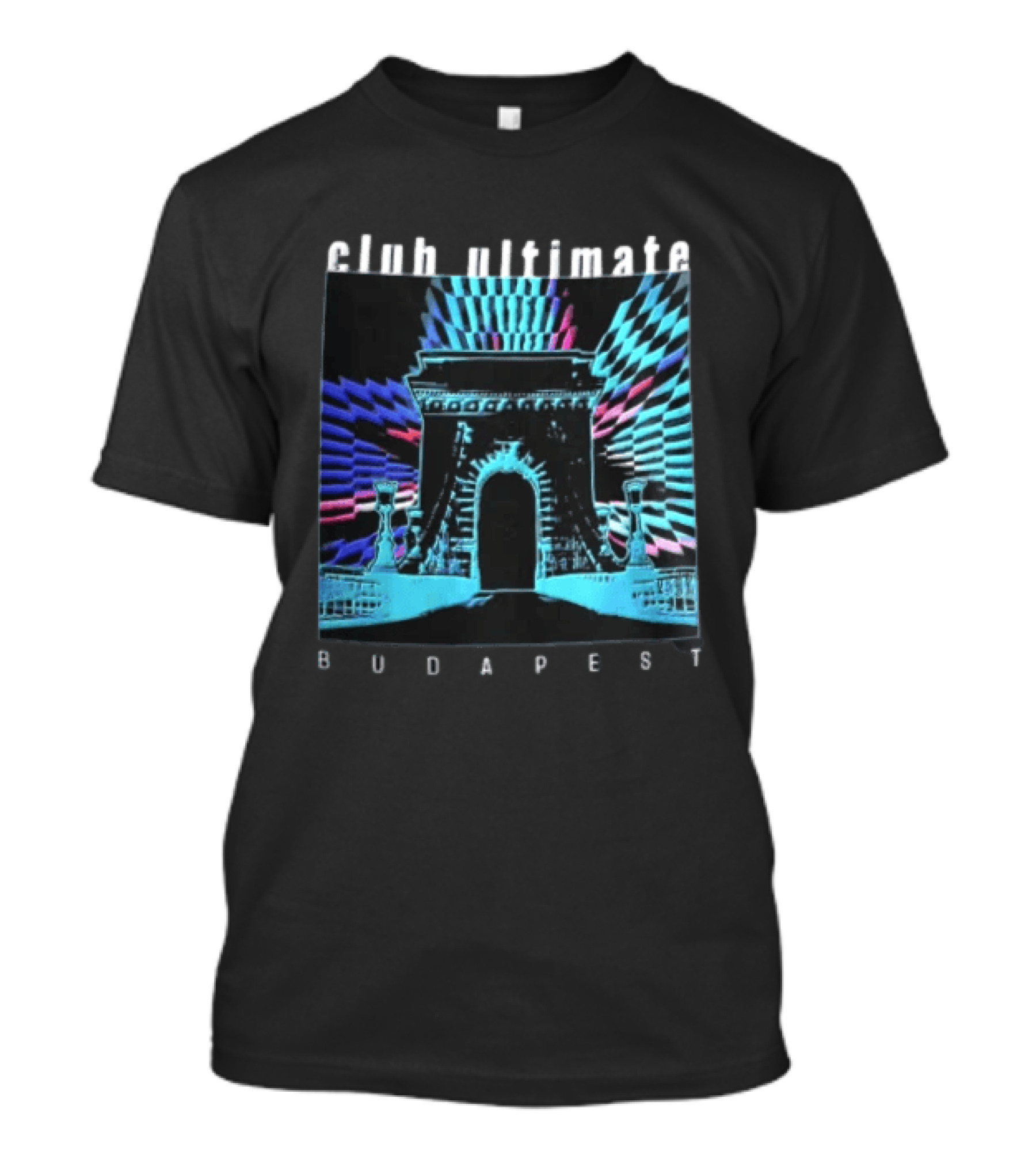 Club Ultimate Budapest Szechenyi Chain Bridge Neon Checkerboard Arch T-Shirt
