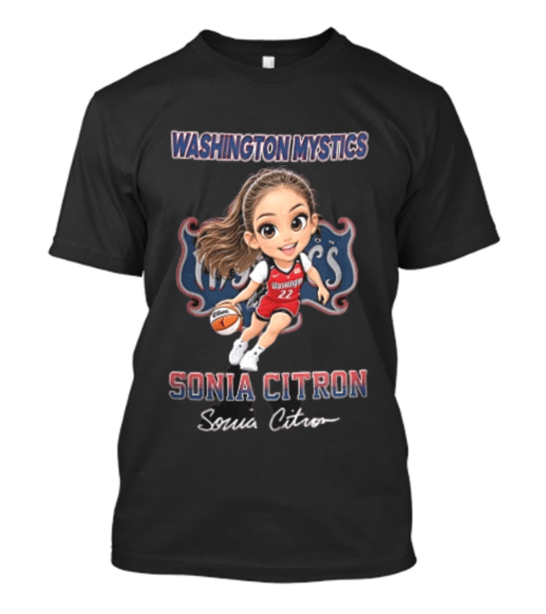 Washington Mystics WNBA Sonia Citron Cartoon Caricature Basketball Player Dribbling T-Shirt