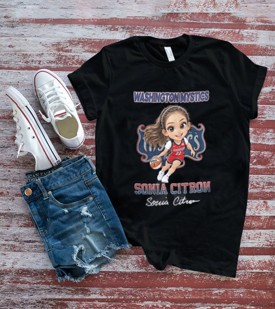 Washington Mystics WNBA Sonia Citron Cartoon Caricature Basketball Player Dribbling T-Shirt