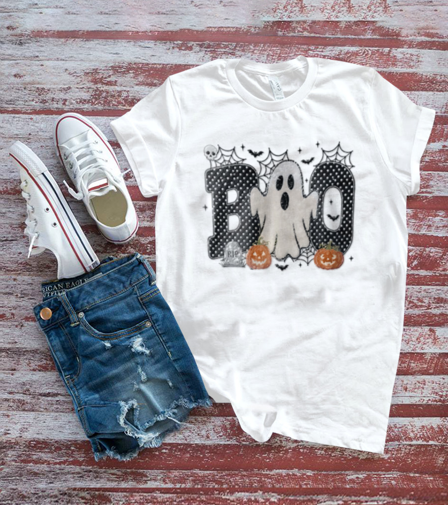 Boo Distressed Ghost Jack O Lanterns Polka Dots Cobwebs T-Shirt